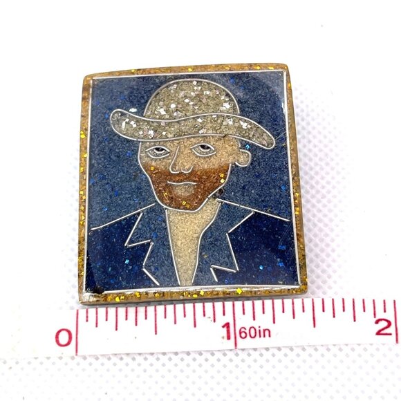 Vintage Vincent Van Gogh Artisan Handmade Art Square Brooch Pin Gold Blue Resin - Picture 5 of 7
